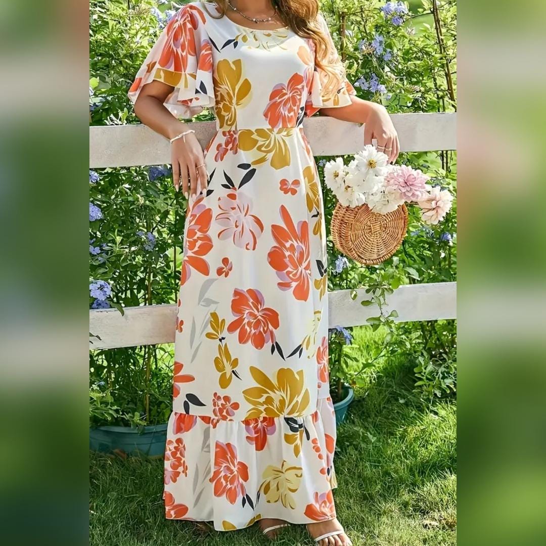 Short Sleeve Long Floral Vibrant Summer Cruse Vacation Dress