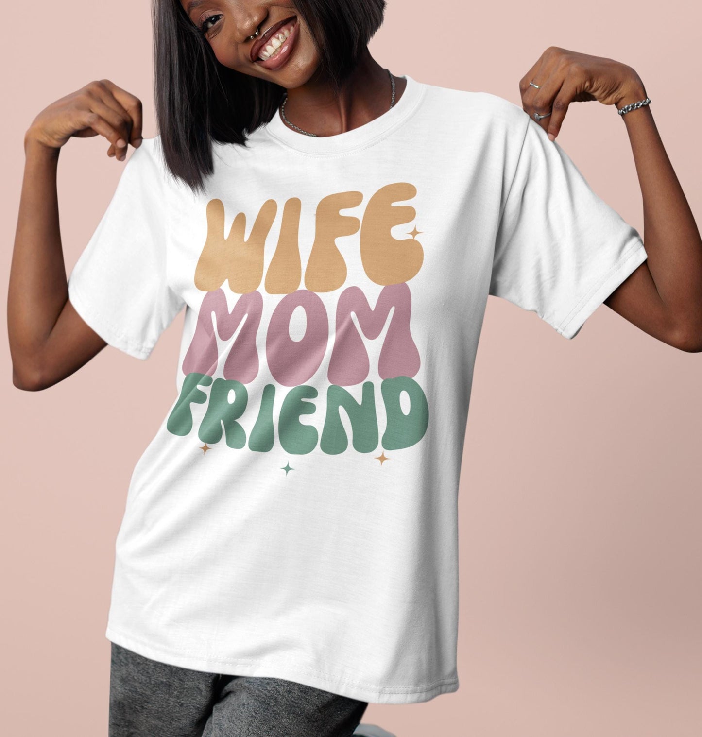 Colorful Wife Mom Friend Tee, Family Love Shirt, Women's Casual T-Shirt, Perfect Gift for Moms, Fun Everyday Wear