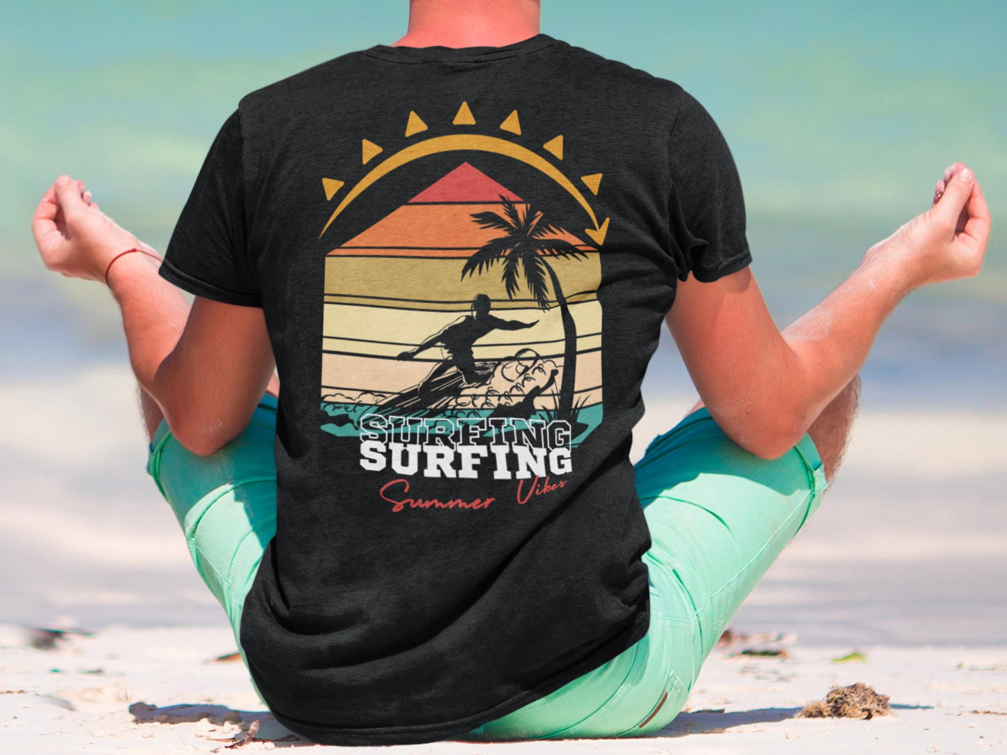 Surfing Summer Vibes T-Shirt, Beachwear, Casual Tee, Retro Graphic T-Shirt, Gift for Surfers, Summer Style Shirt