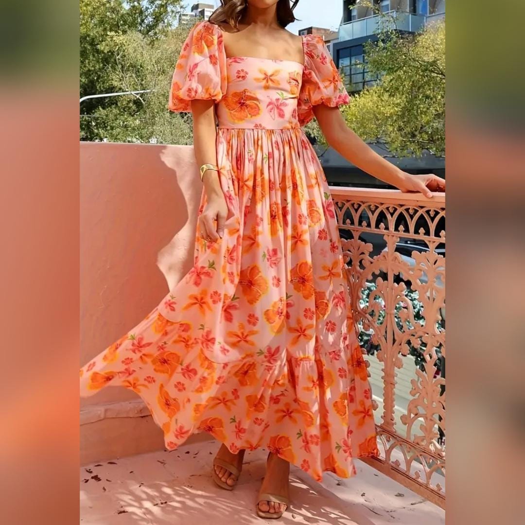 Floral Dress Orange Maxi Puff Shoulder Long Dress