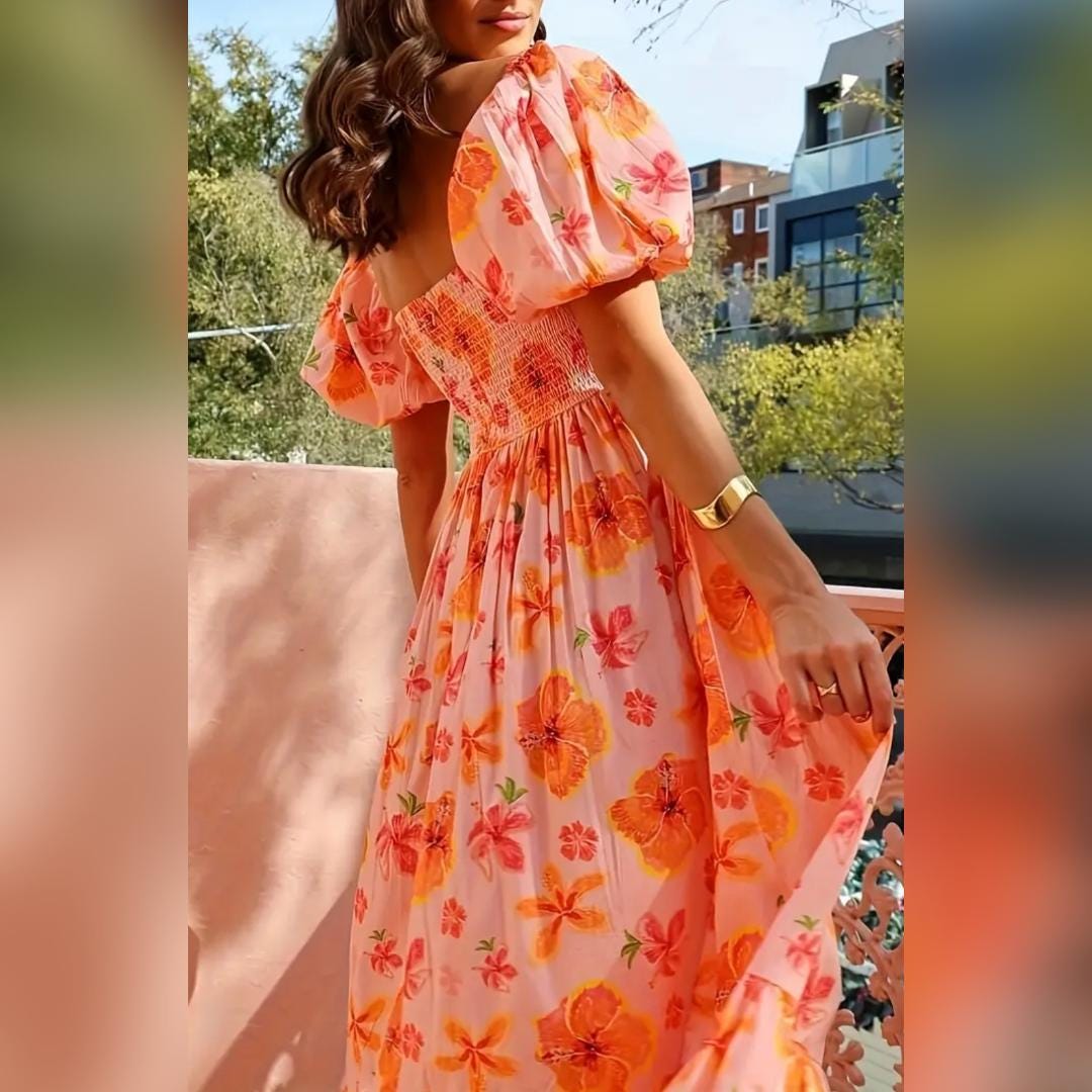 Floral Dress Orange Maxi Puff Shoulder Long Dress