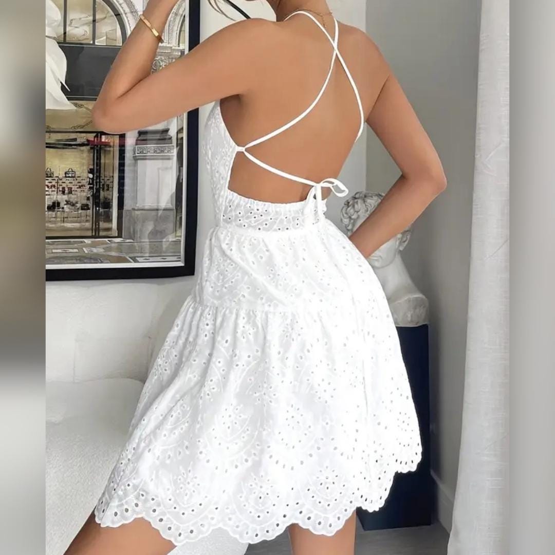 White Backless Embroidered Short Summer Dress