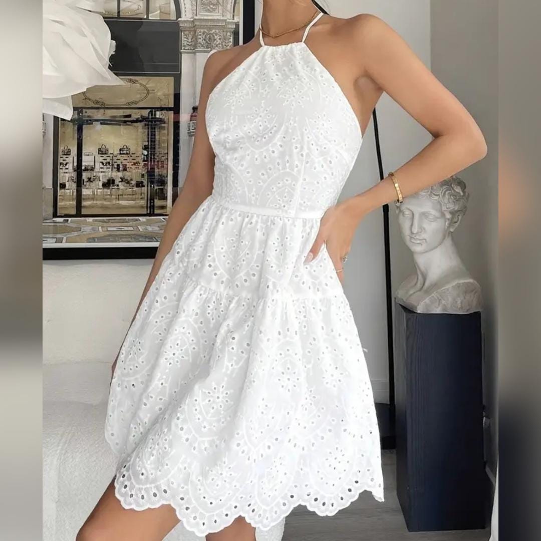 White Backless Embroidered Short Summer Dress