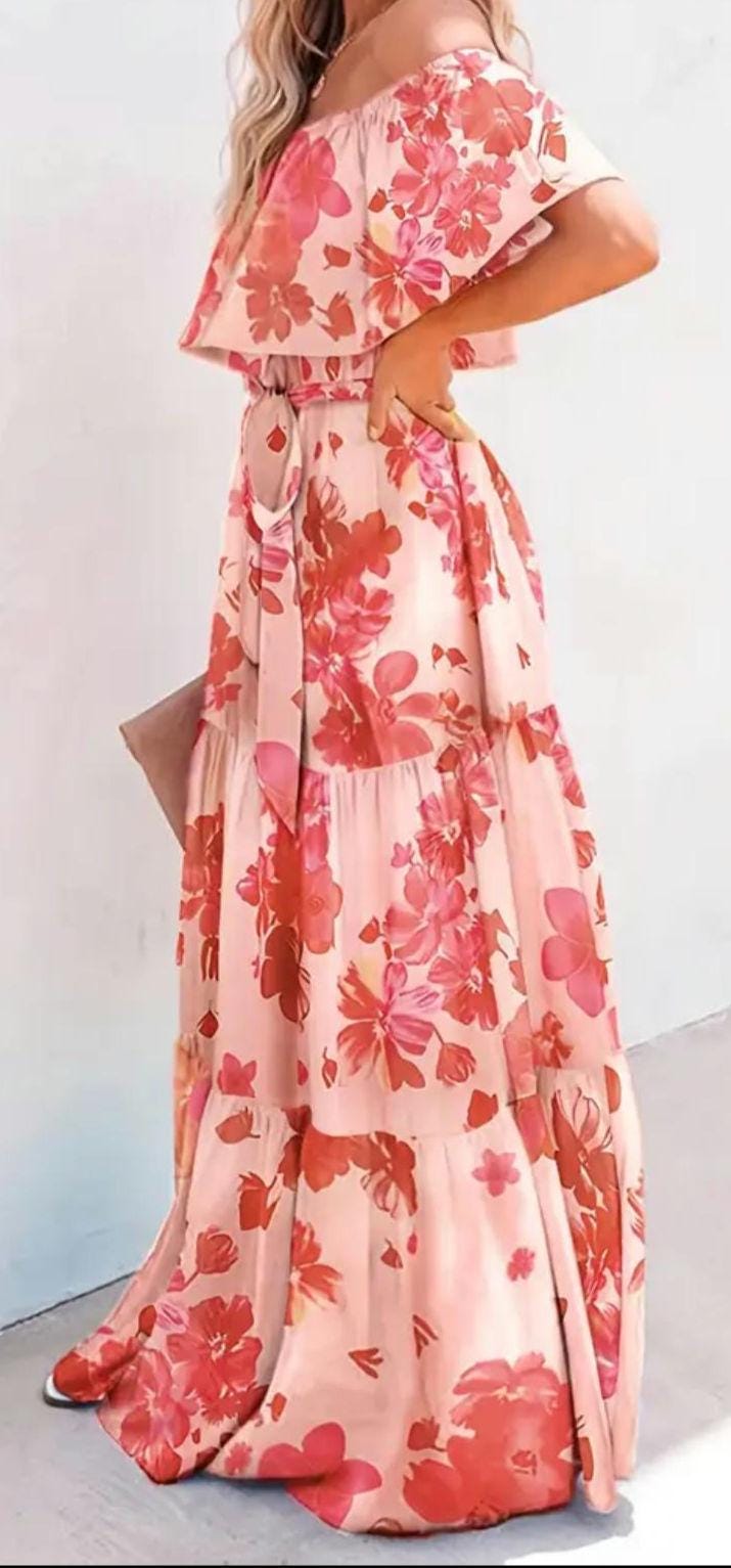 Orange Should Down Orange And White Long Summer Vacation Beach Dress