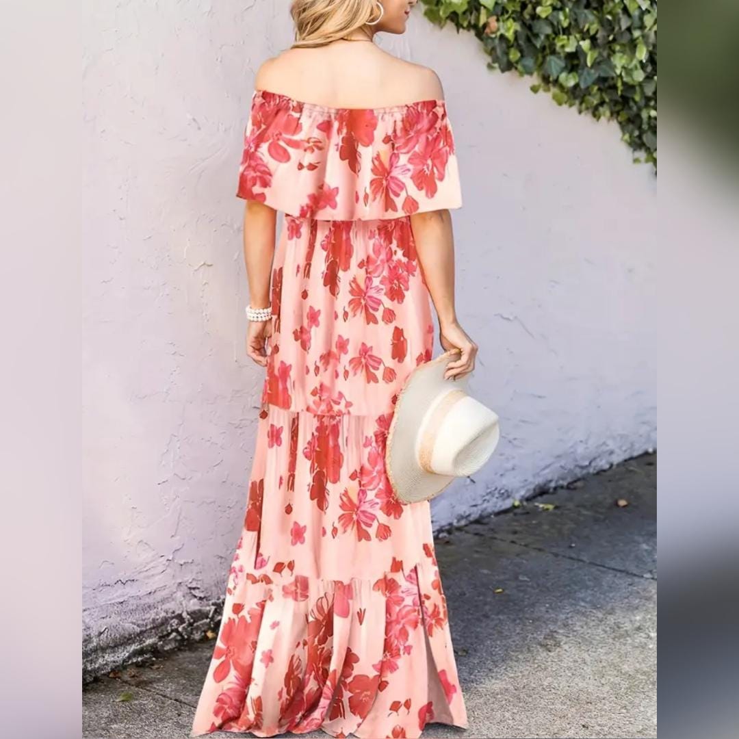 Orange Should Down Orange And White Long Summer Vacation Beach Dress