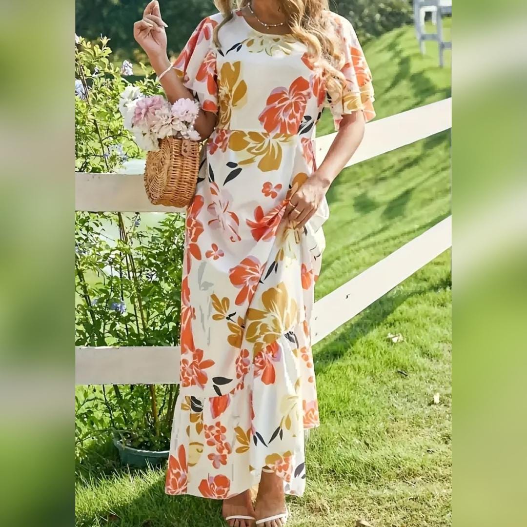 Short Sleeve Long Floral Vibrant Summer Cruse Vacation Dress