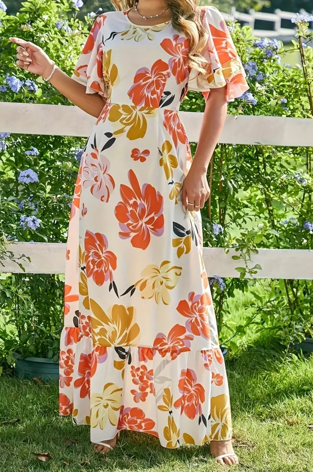 Long Flower Print Midi Dress