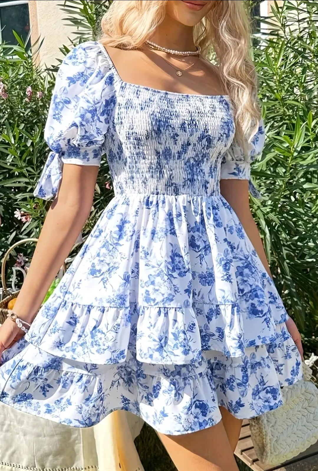 Squard Neck line Ruffle Puff Shoulder Blue And White short Dress