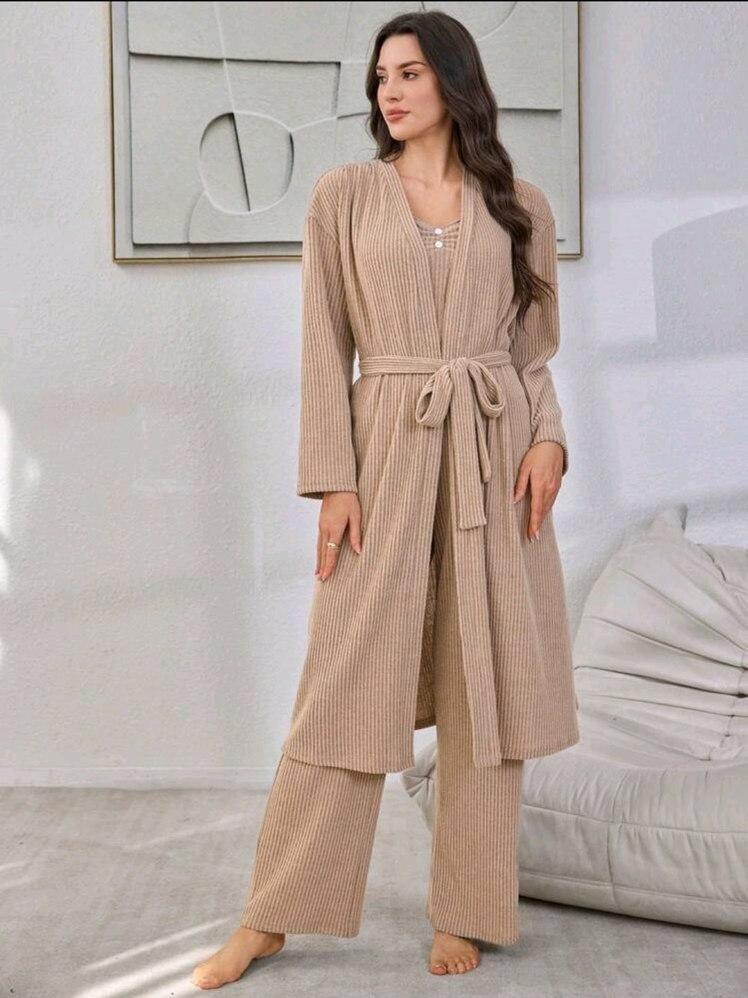Women 3 pieces Loungewear Top Pant and long robe Loungewear