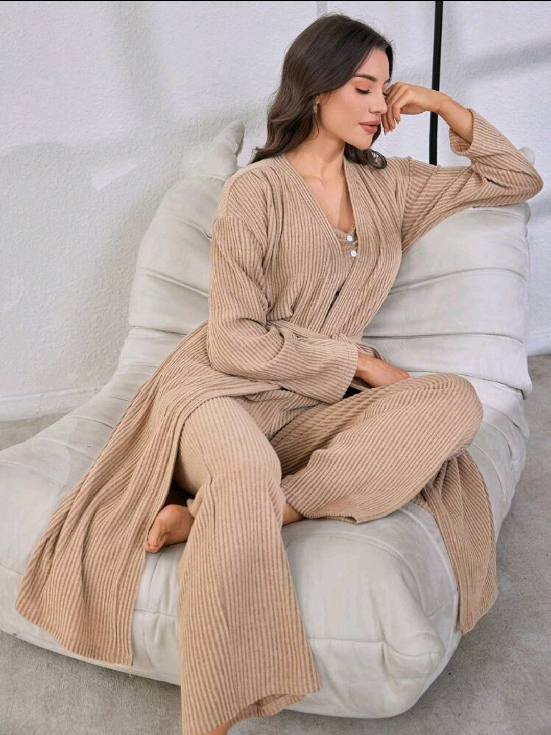Women 3 pieces Loungewear Top Pant and long robe Loungewear