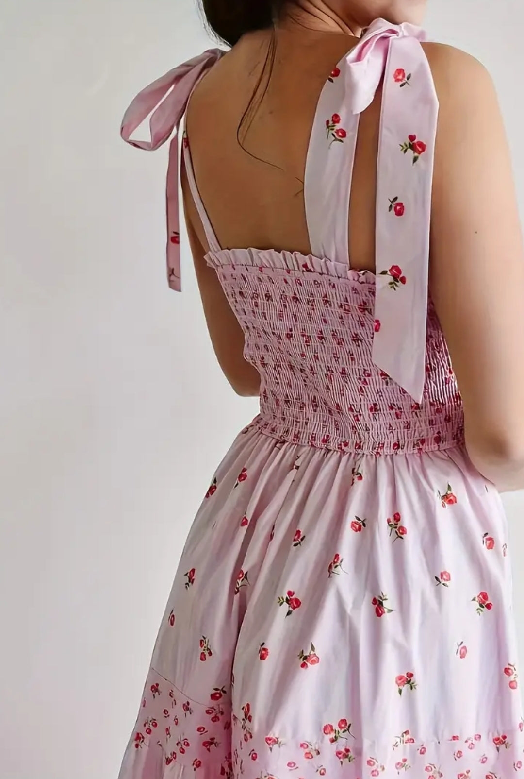 Shoulder Bow Strap Summer Pink Floral Print Long Dress Cute Long Vacation Beach Dress