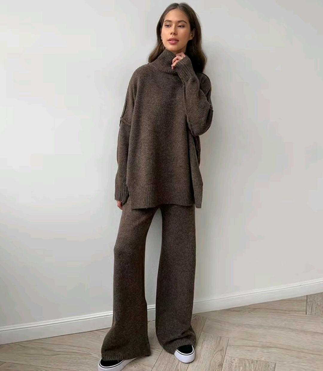 Brown Chunky Knit Sweater Set: Batwing Turtleneck, Wide Leg Lounge Pants