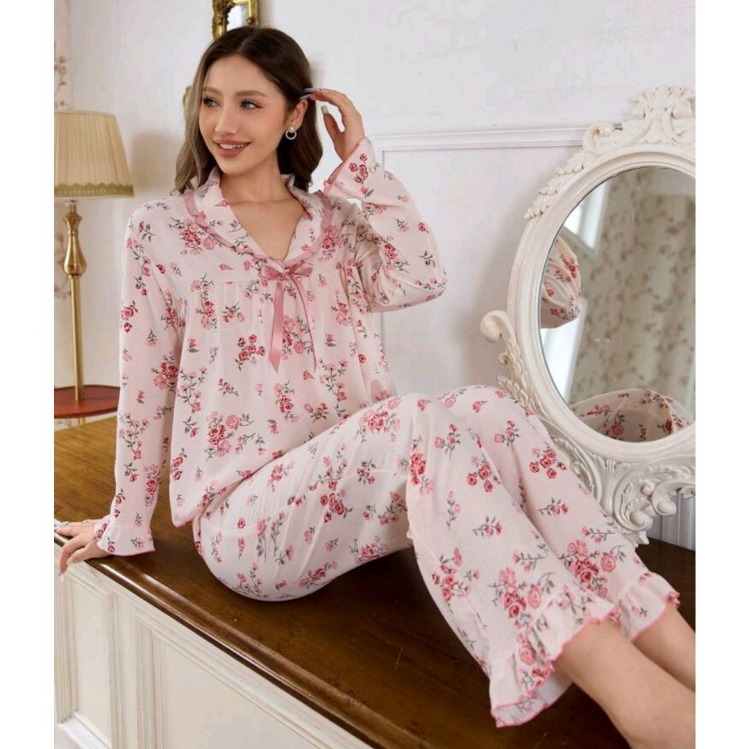 Lovely Girl Cottage Fower Bow Tie Sleepwear Pajama