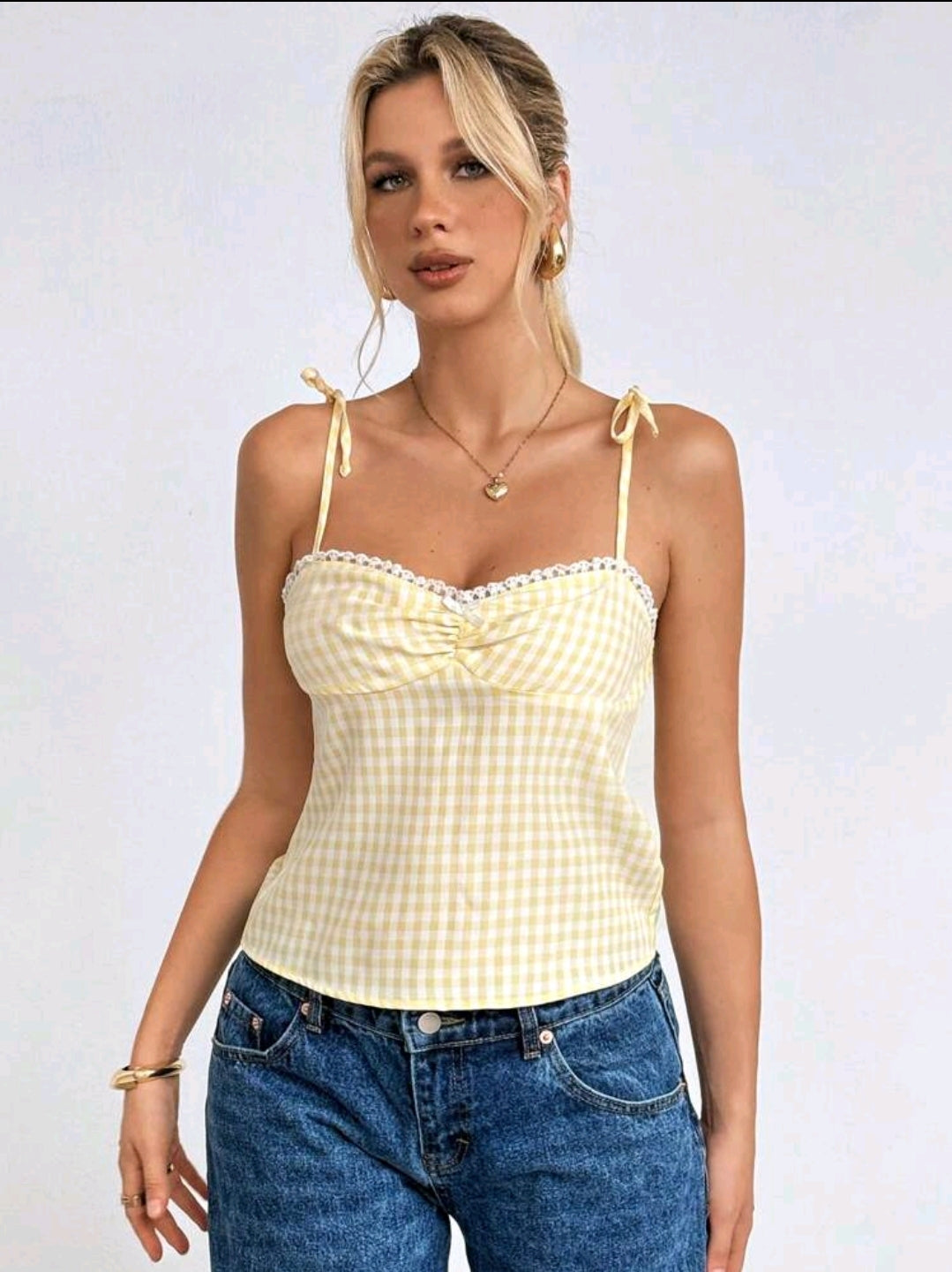 Yellow Plaid Bow Shoulder Tank Top
