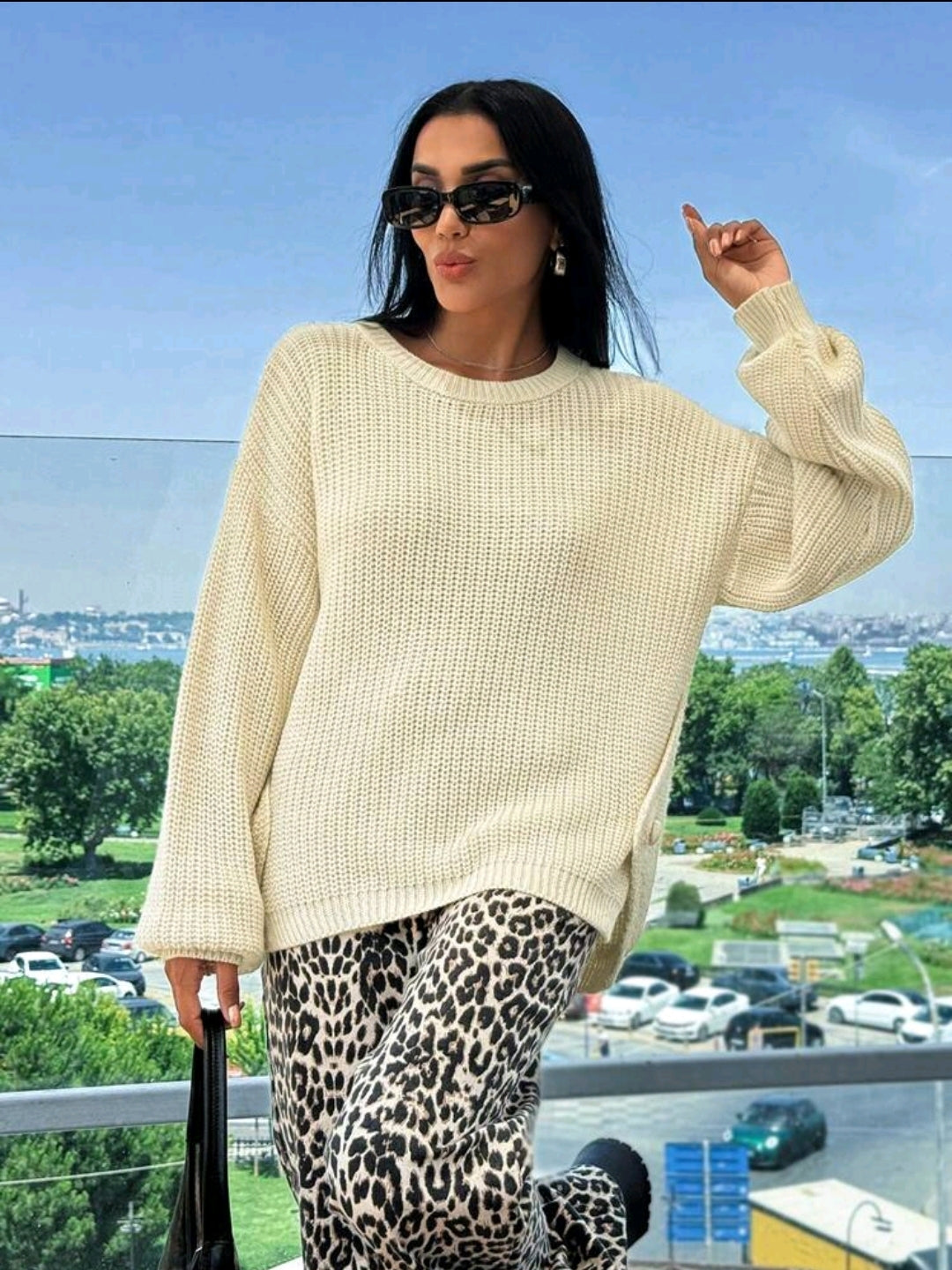 Knitted Button Detailed Beige Loose Sweater