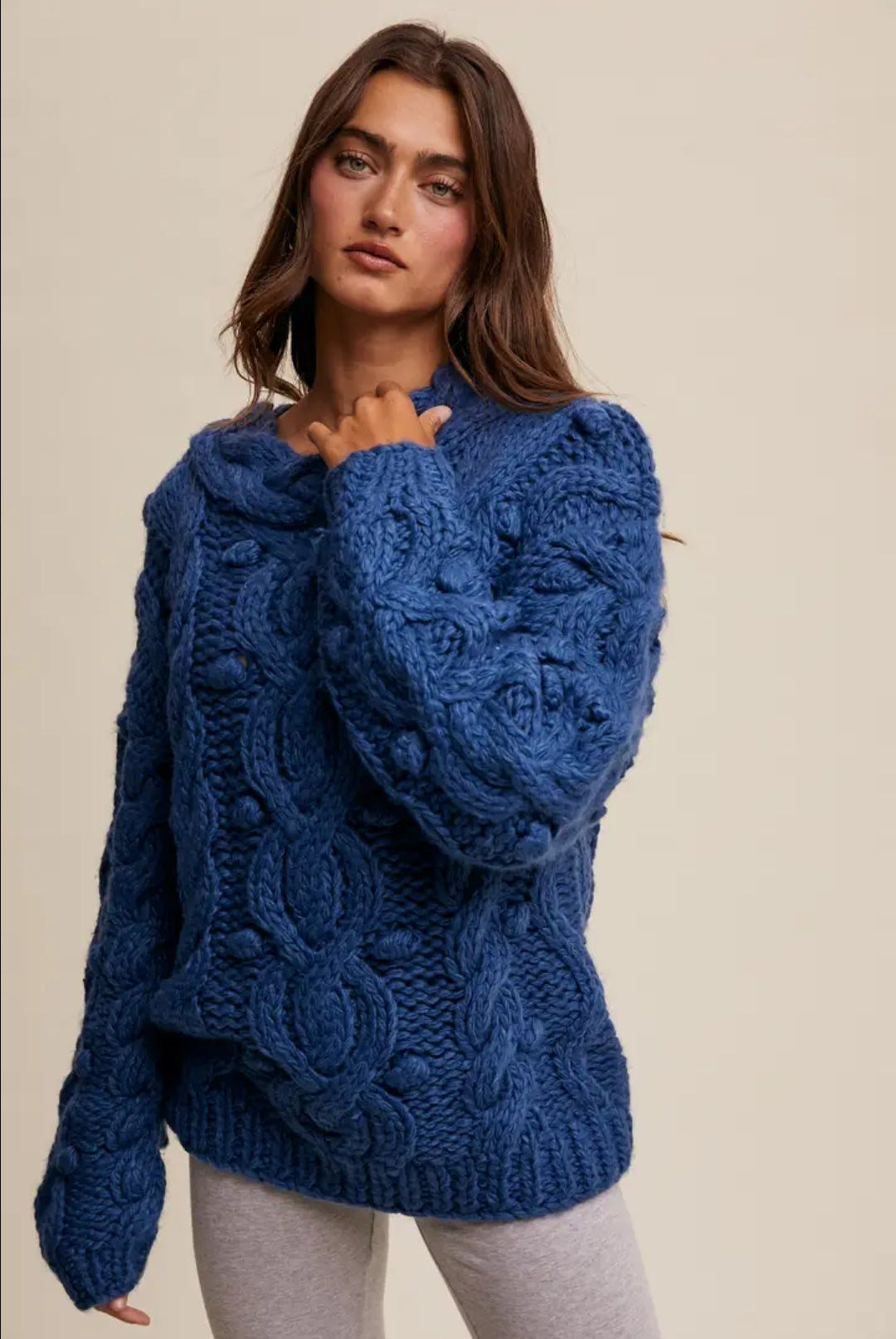 Chunky Cable Knit Blue Holiday Women's Sweater Heavy Thick Knitted Christmas Pullover for Women