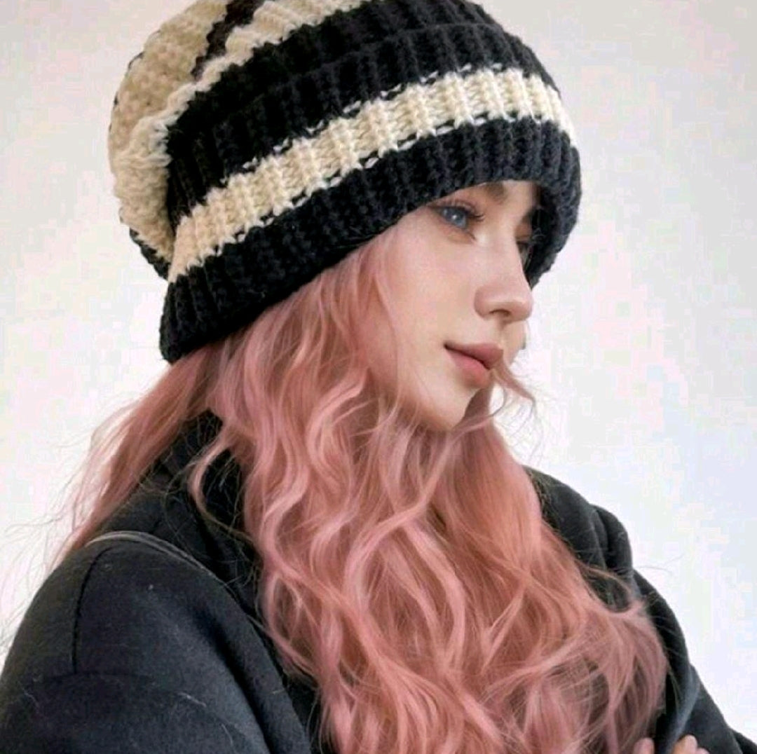 Winter Striped Black And White Knitted Thick Beanie Unisex Warm Soft Cold Weather Beanie Perfect for Christmas Holiday Gift