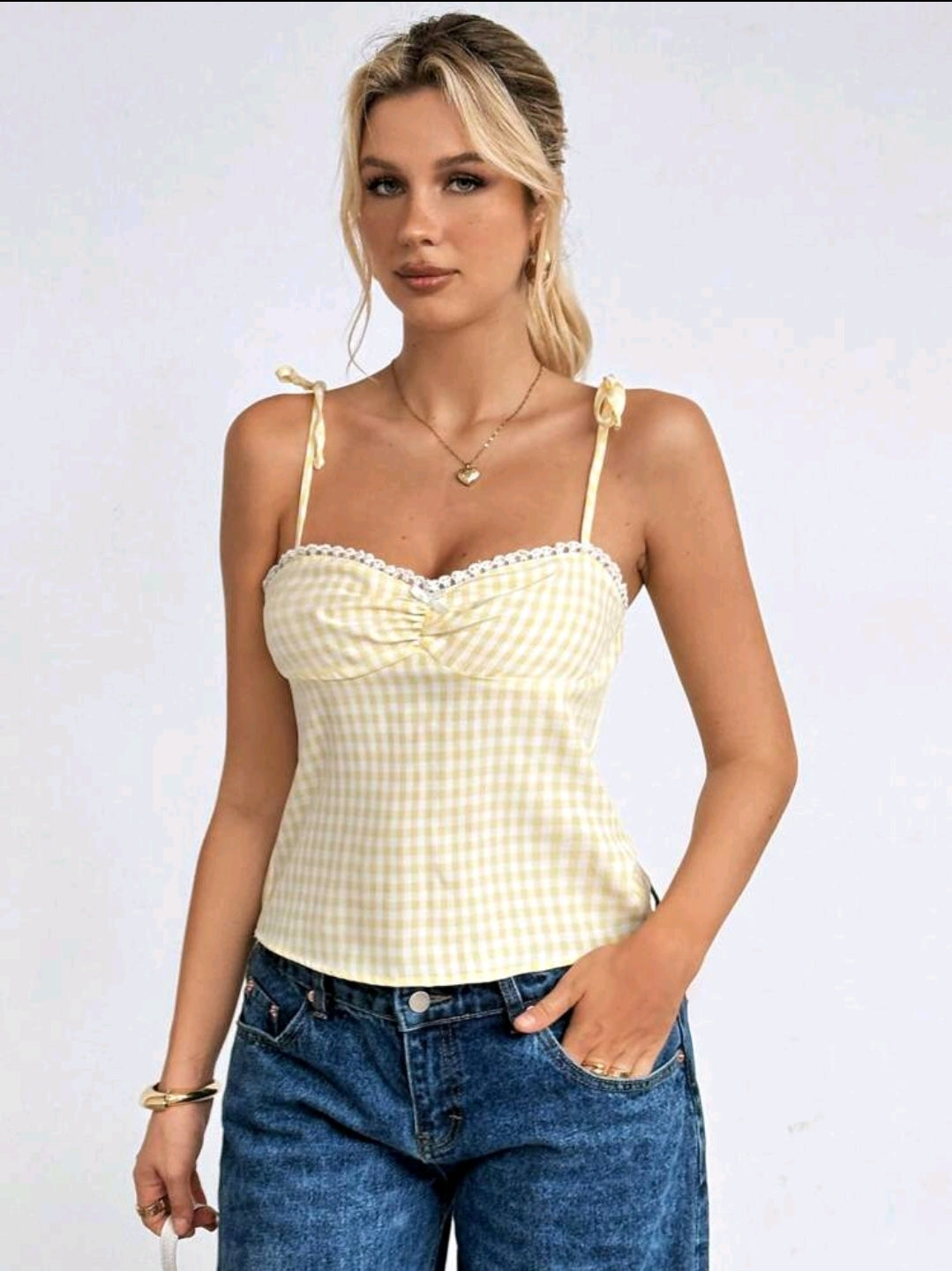 Yellow Plaid Bow Shoulder Tank Top
