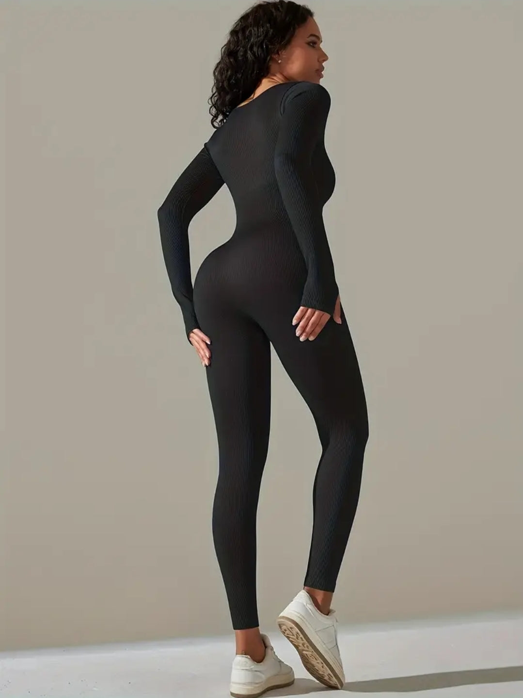 Lined Long Sleeve Sport Black Jumpsuit For Workout And Outing