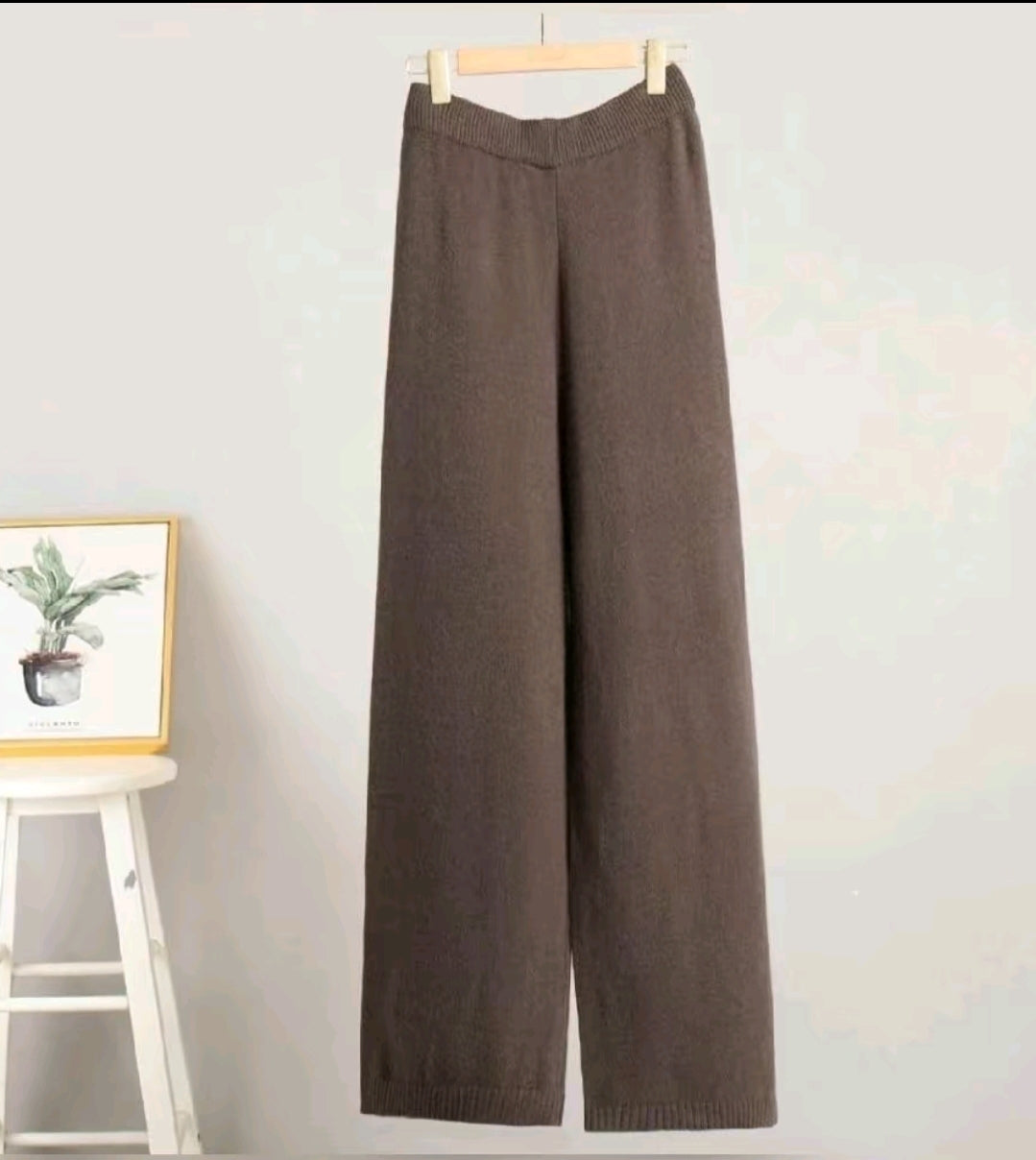 Brown Chunky Knit Sweater Set: Batwing Turtleneck, Wide Leg Lounge Pants