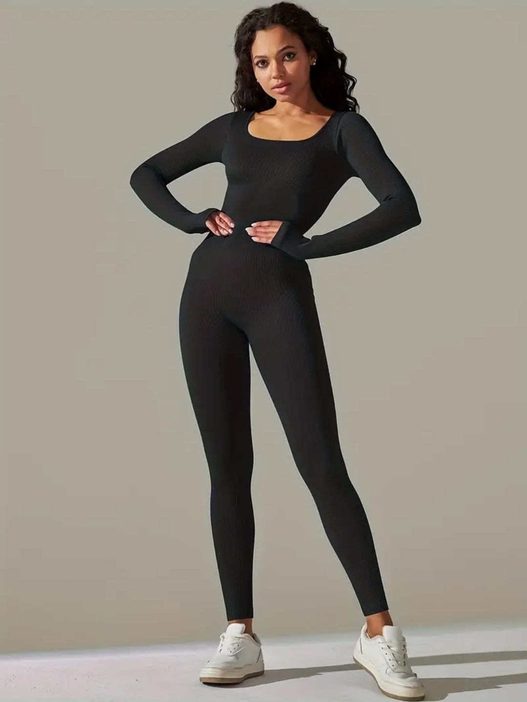 Lined Long Sleeve Sport Black Jumpsuit For Workout And Outing