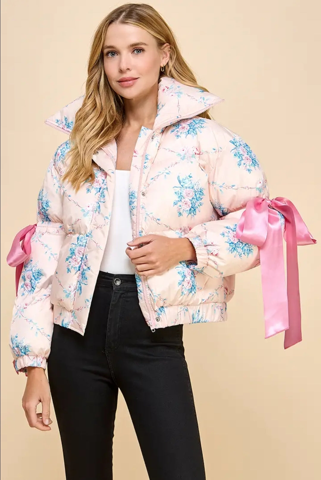Puffer Pink Jacket With Elbow String Bow Knot Women's Long Sleeve Fitted Winter Black Bow Knot Jacket for Casual Wear