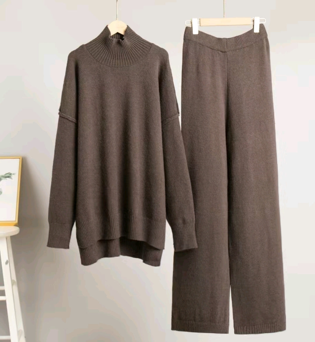 Brown Chunky Knit Sweater Set: Batwing Turtleneck, Wide Leg Lounge Pants