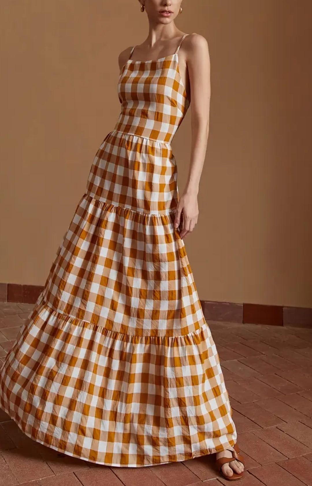 Long Plaid Brown Open Back Dress