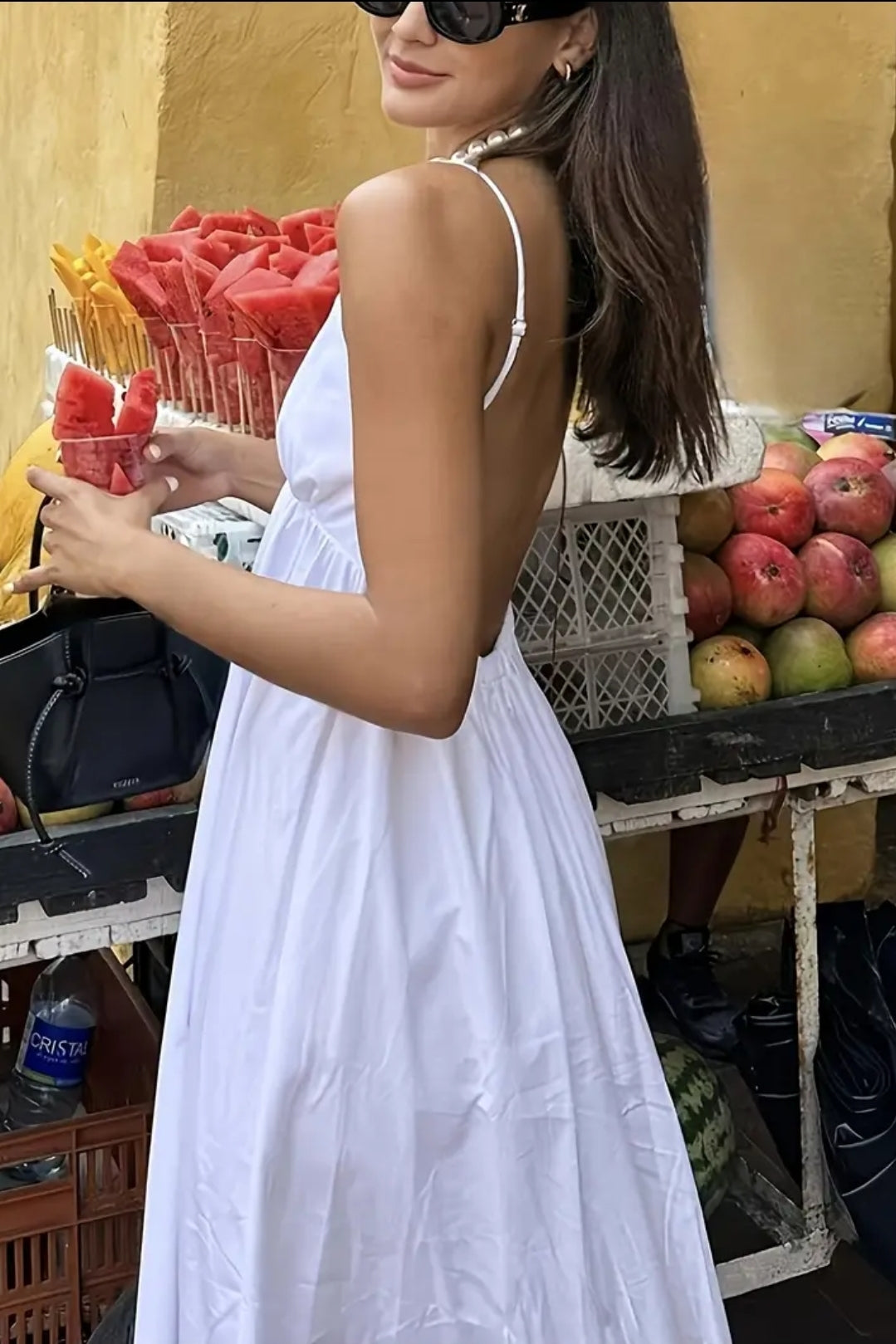 White Deep Open Back vacation Long Dess
