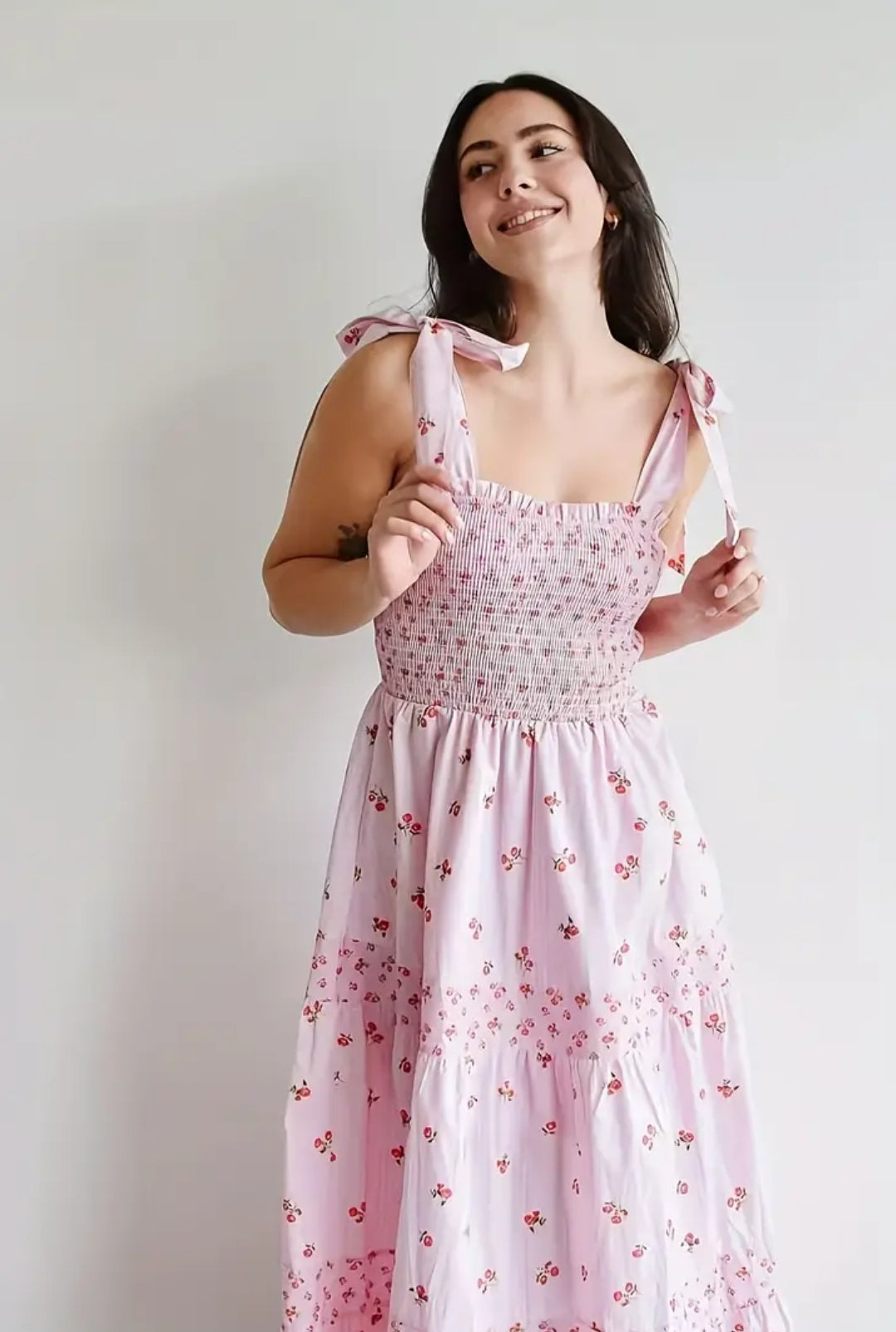 Shoulder Bow Strap Summer Pink Floral Print Long Dress Cute Long Vacation Beach Dress