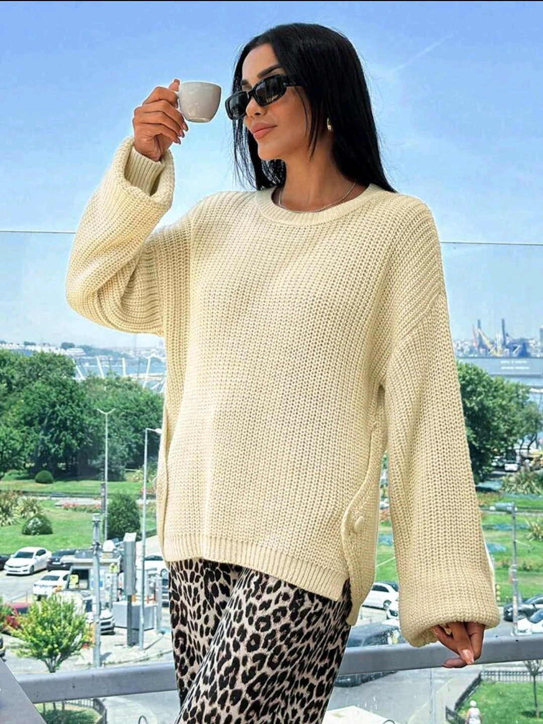 Knitted Button Detailed Beige Loose Sweater