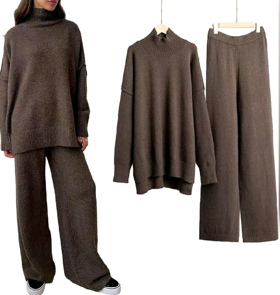 Brown Chunky Knit Sweater Set: Batwing Turtleneck, Wide Leg Lounge Pants