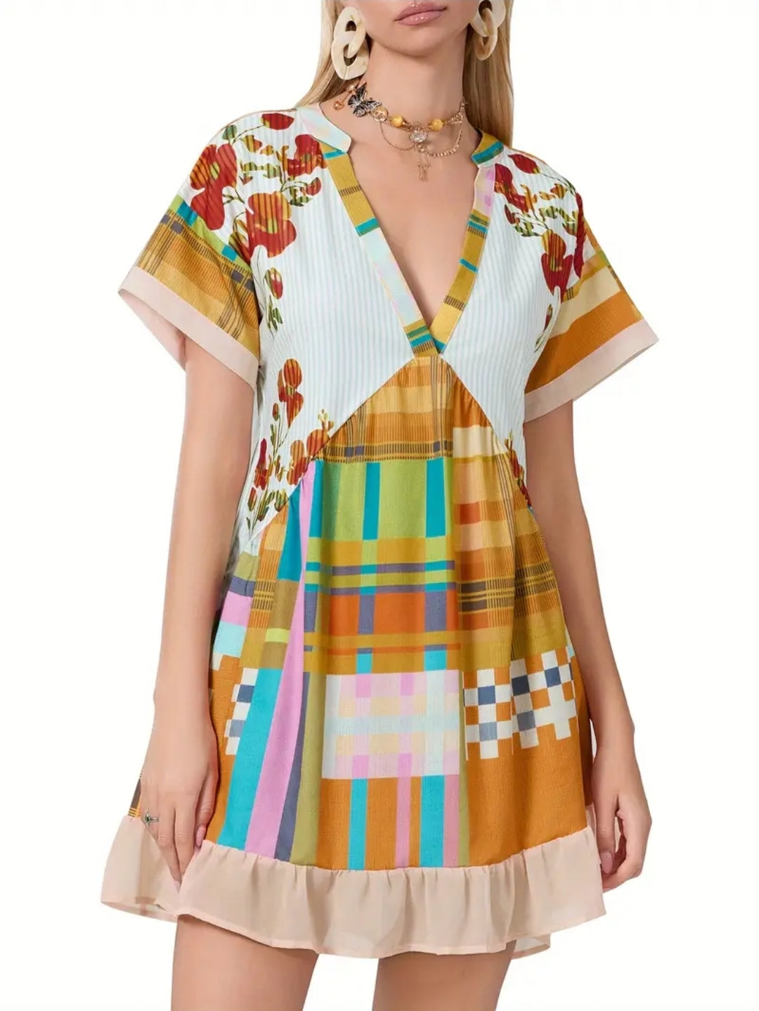 Bohemian Colorful V-neck Short Flowery Dress