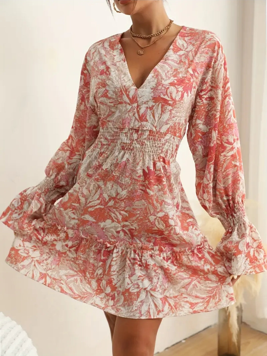 Pink And White Flower Print Long Sleeve Waist Strap Dress