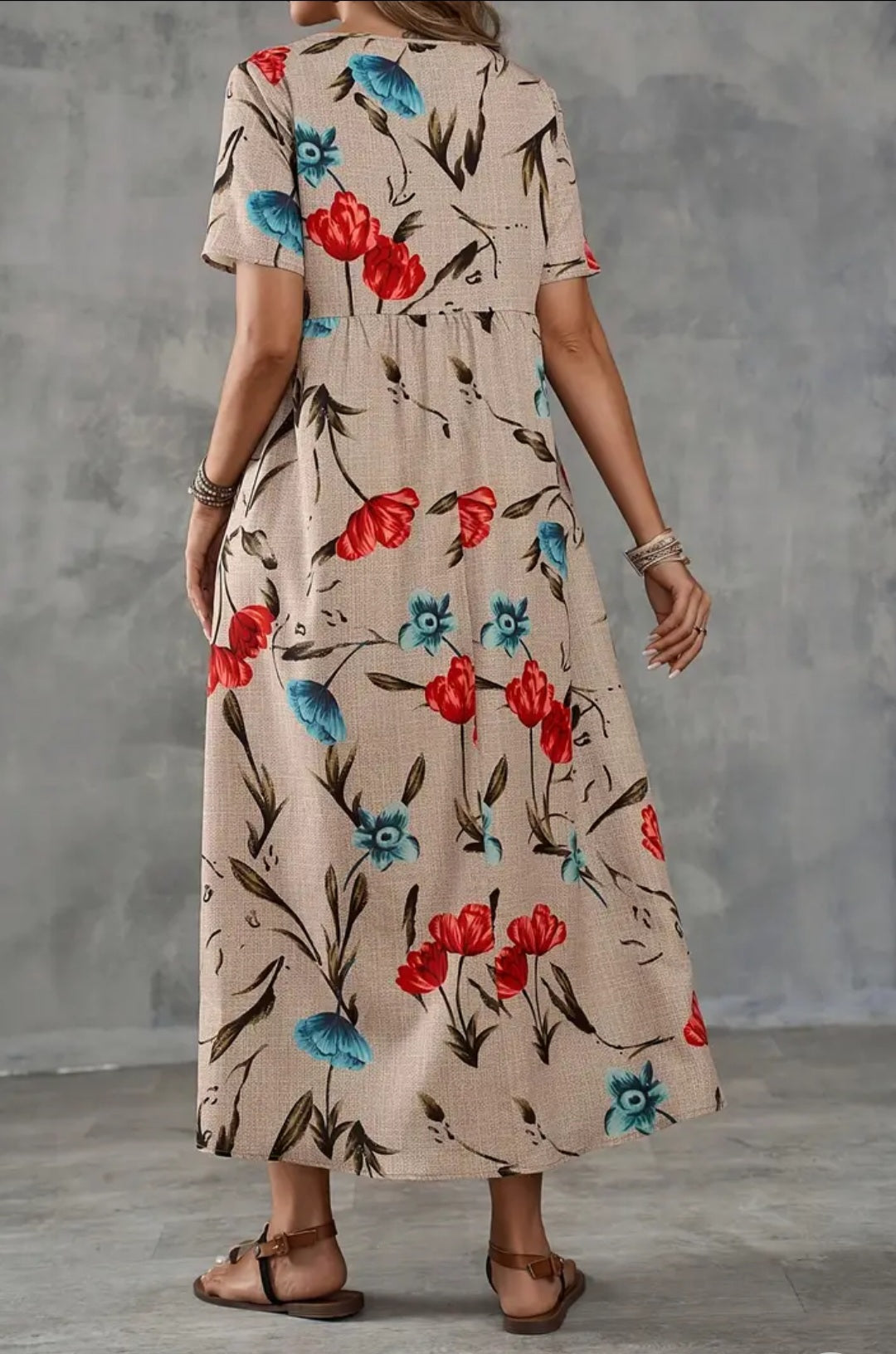 Flower Print Aasual Brown And Bue Long Dress