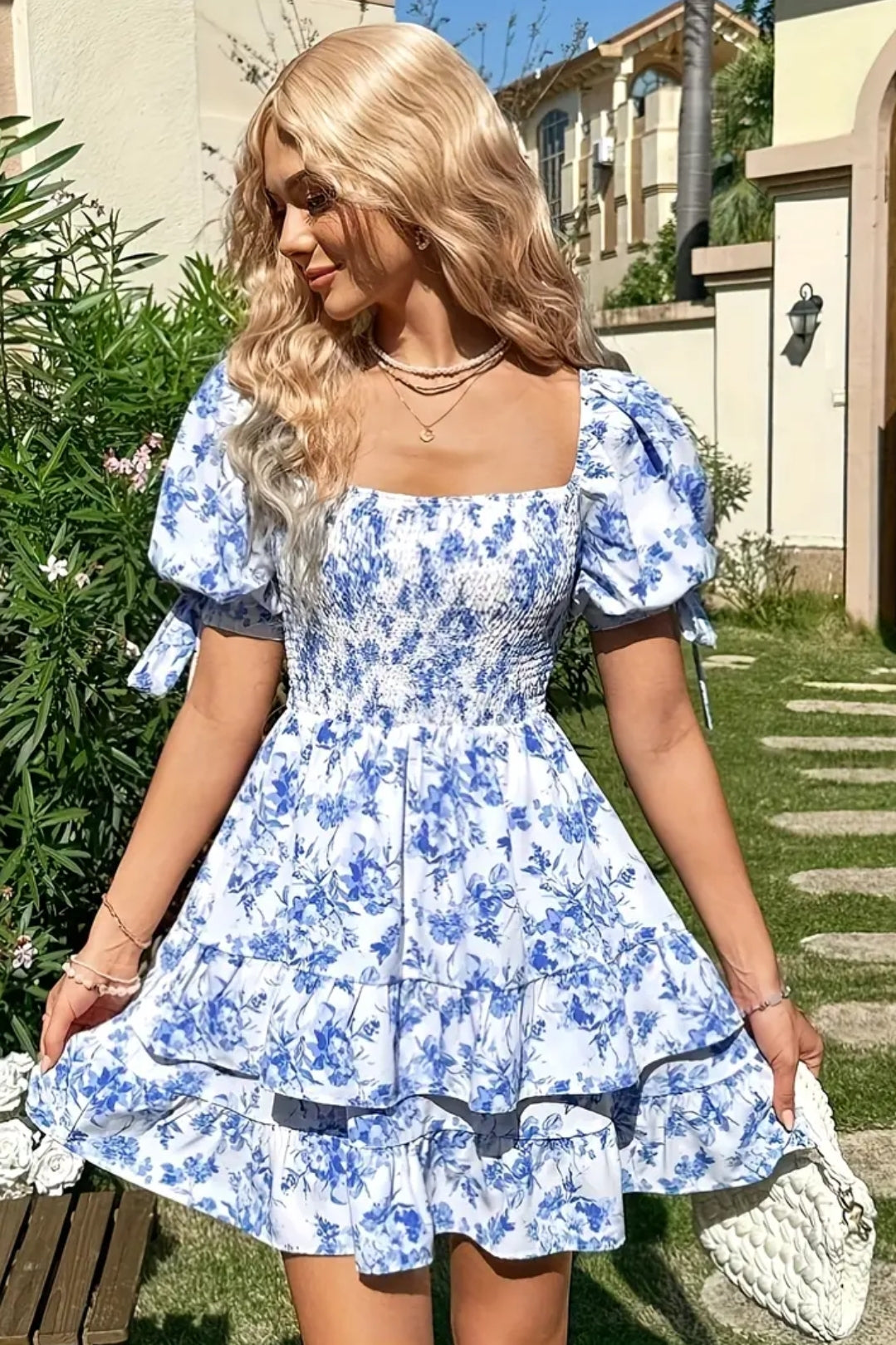 Squard Neck line Ruffle Puff Shoulder Blue And White short Dress