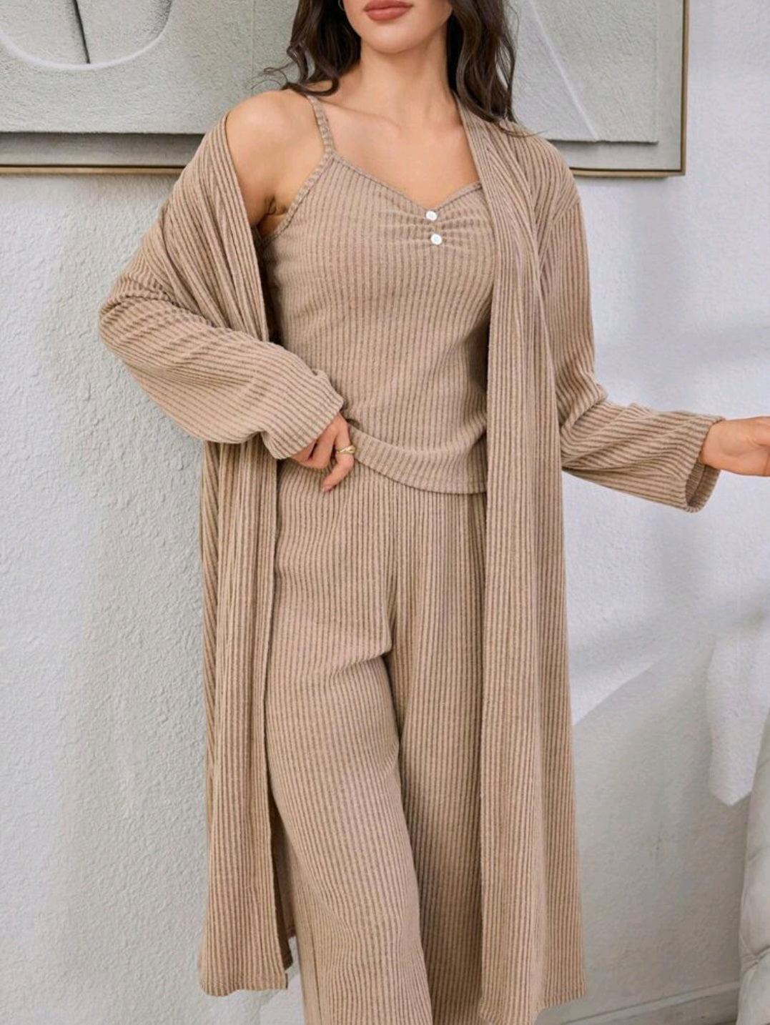 Women 3 pieces Loungewear Top Pant and long robe Loungewear