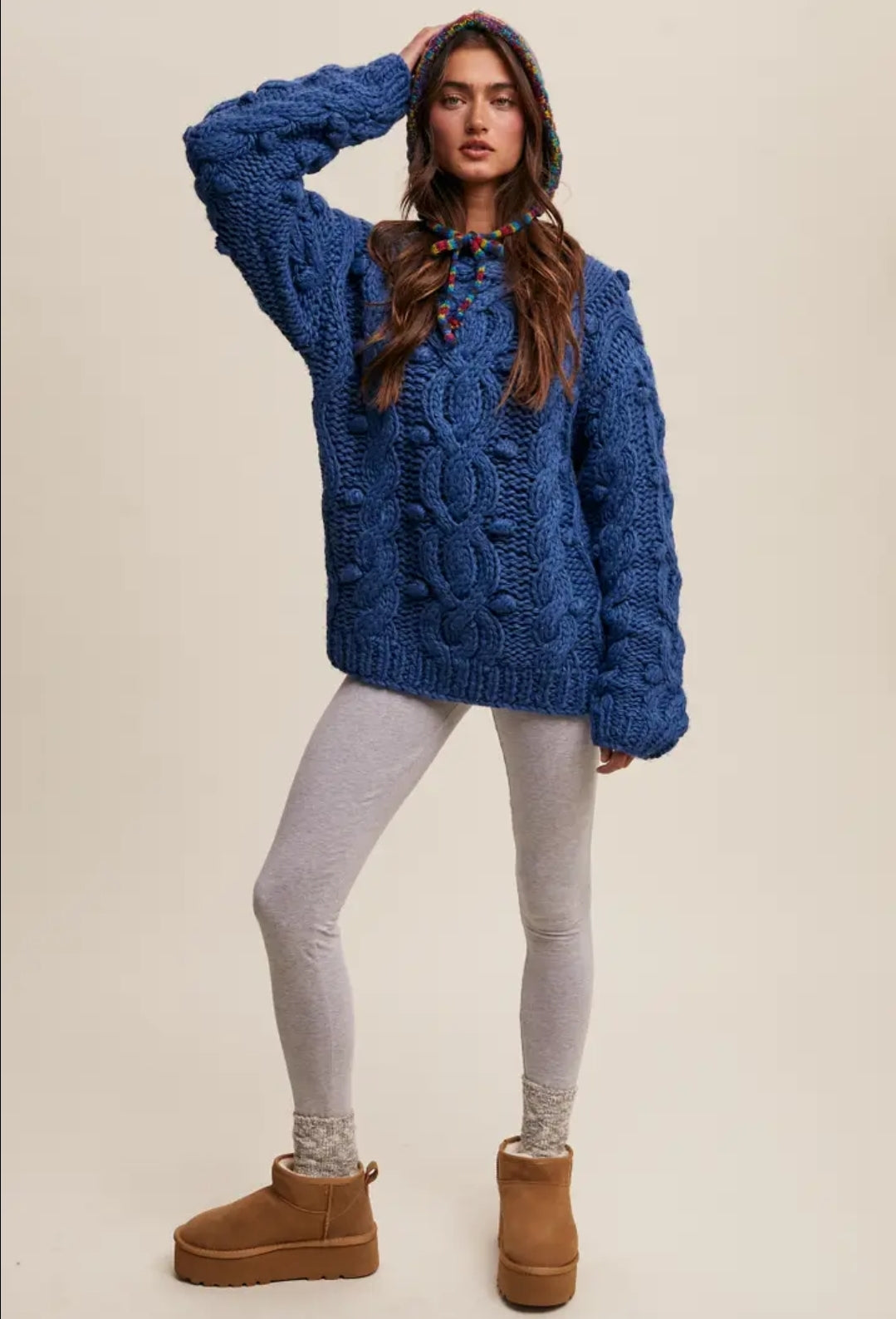 Chunky Cable Knit Blue Holiday Women's Sweater Heavy Thick Knitted Christmas Pullover for Women