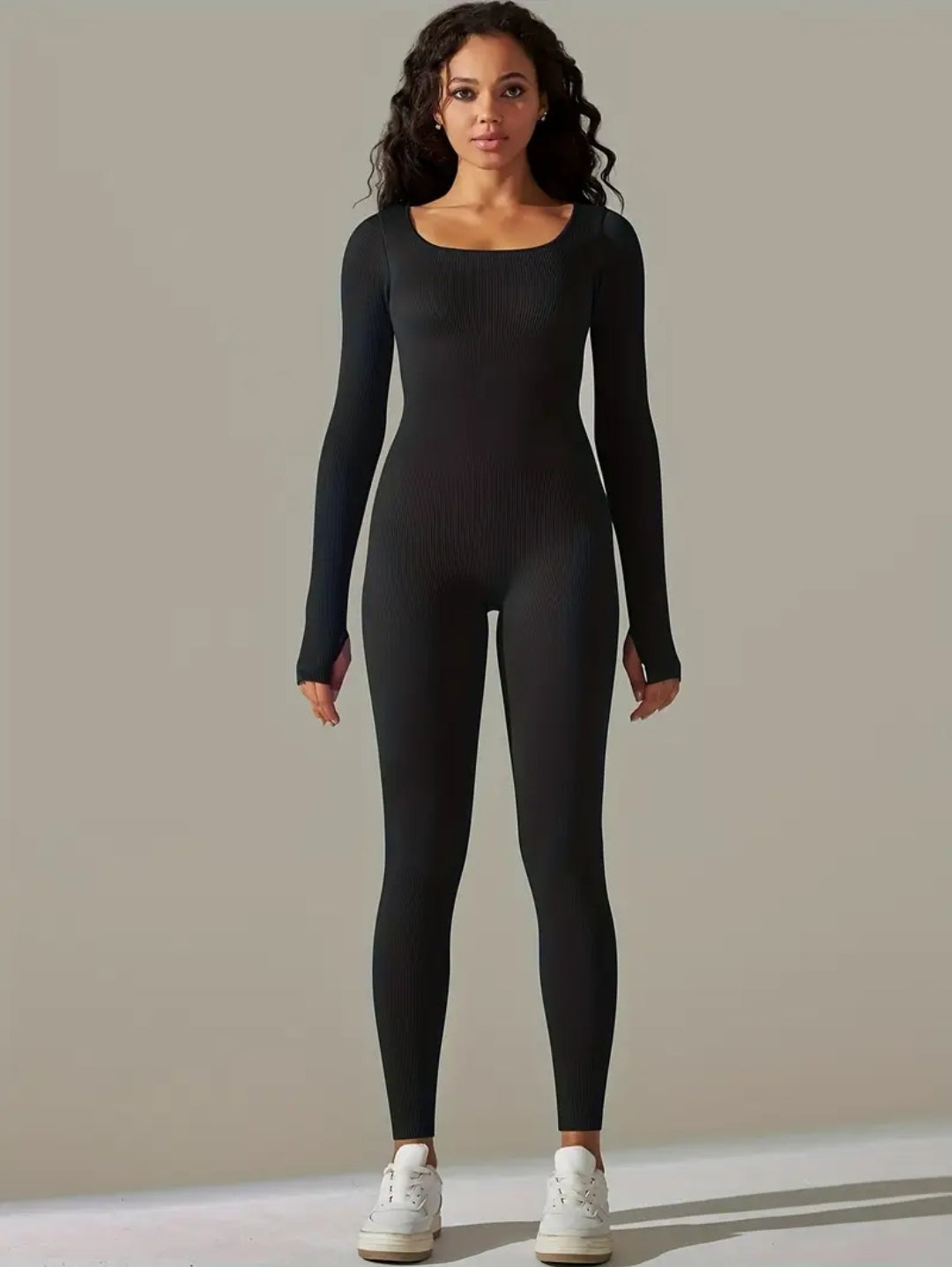 Lined Long Sleeve Sport Black Jumpsuit For Workout And Outing