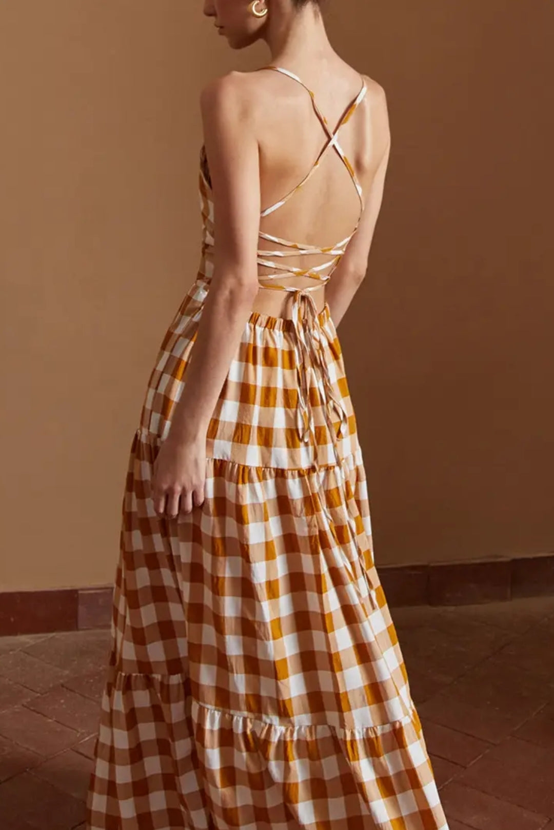 Long Plaid Brown Open Back Dress