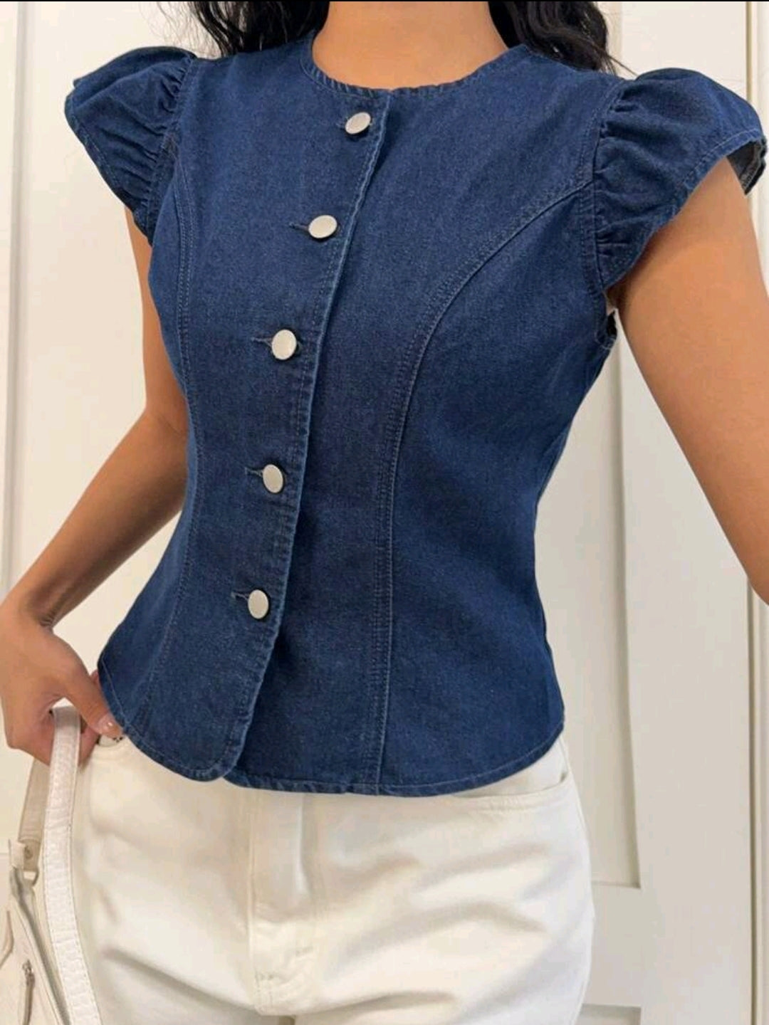 Sleeveless Round Neck Denim Slim Fit Blouse