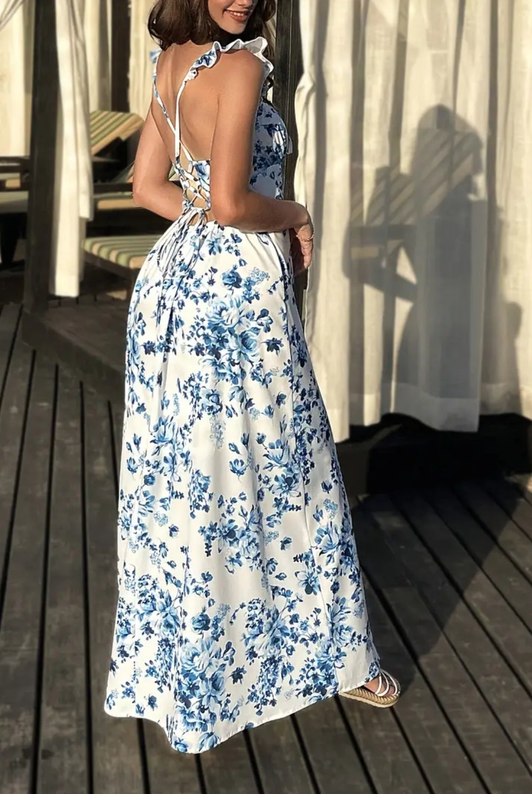 Long Blue And White Flower Print Dress