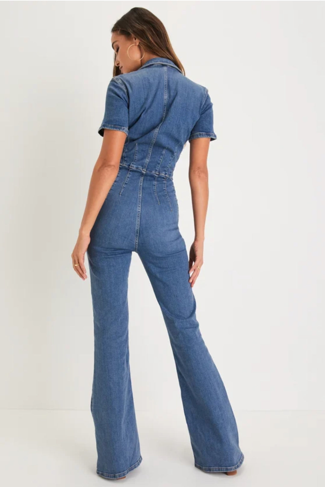 Denim Jumpsuit Flare Wide Leg Blue Jean Jumper Short Sleeve Button Stretch Long Romper Pants