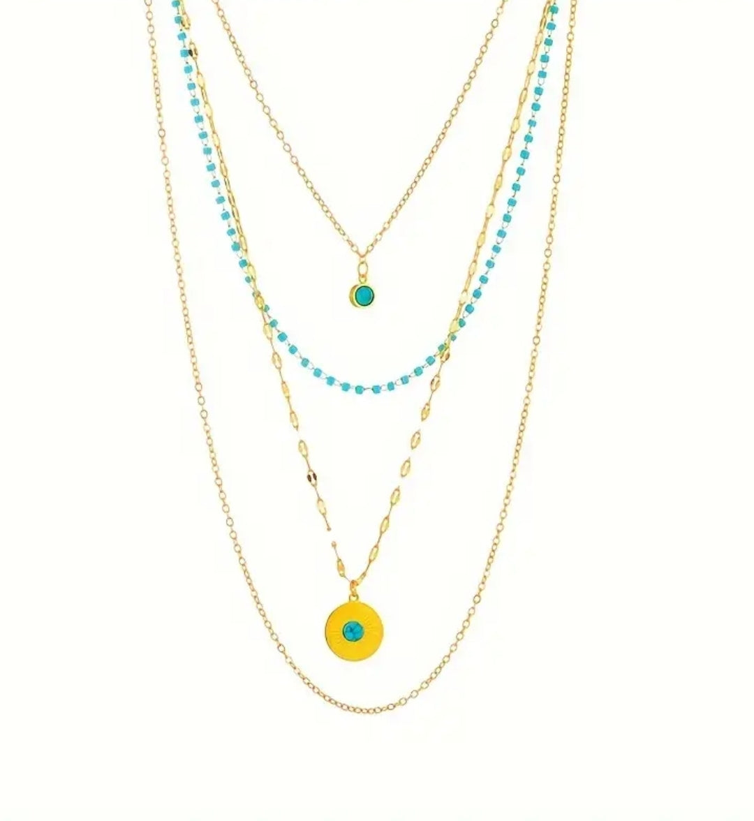 Stainless steel blue Boho Necklace Four Layers Chain Double Pendant