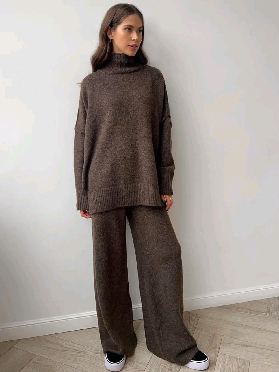 Brown Chunky Knit Sweater Set: Batwing Turtleneck, Wide Leg Lounge Pants