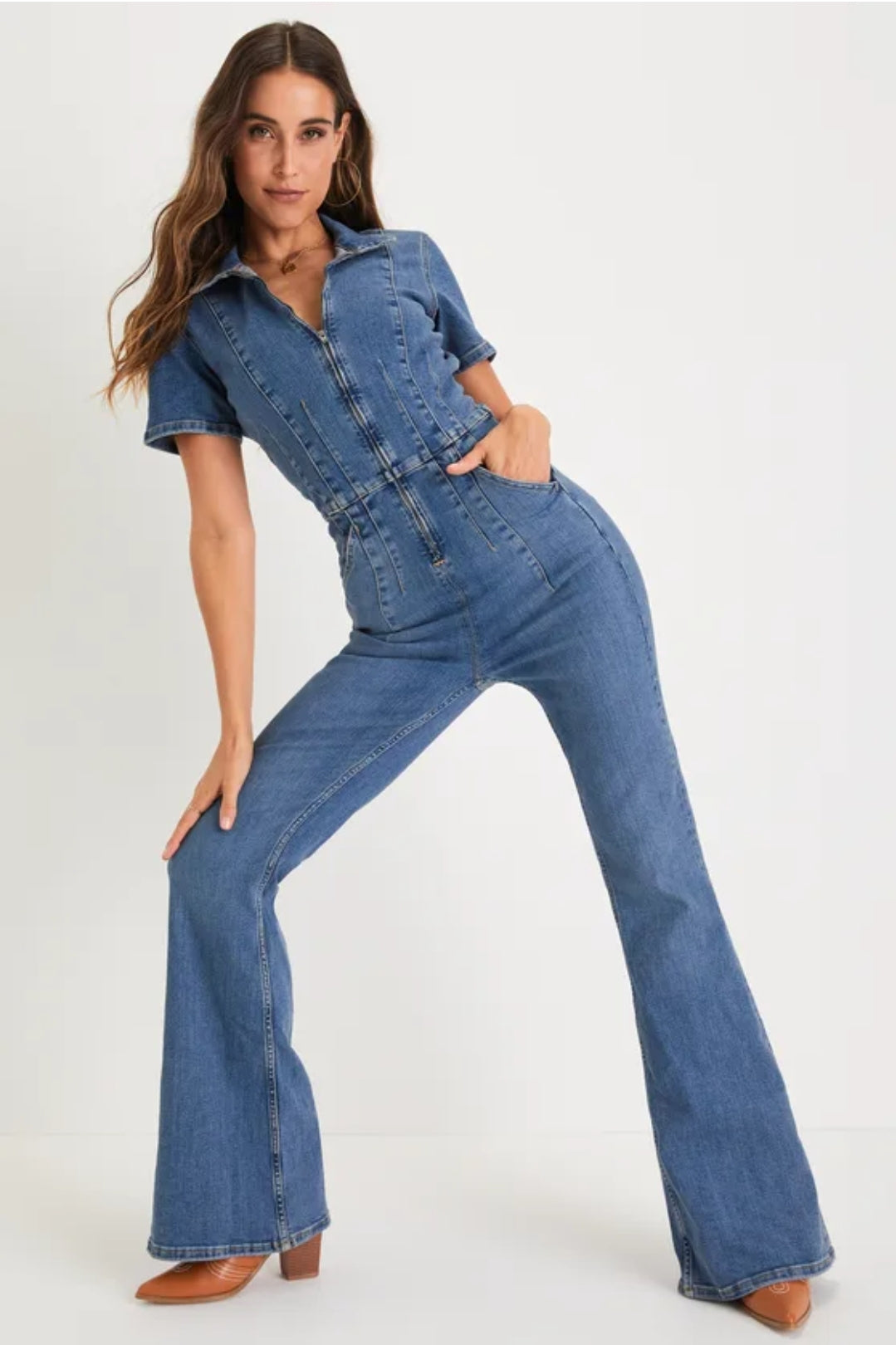 Denim Jumpsuit Flare Wide Leg Blue Jean Jumper Short Sleeve Button Stretch Long Romper Pants