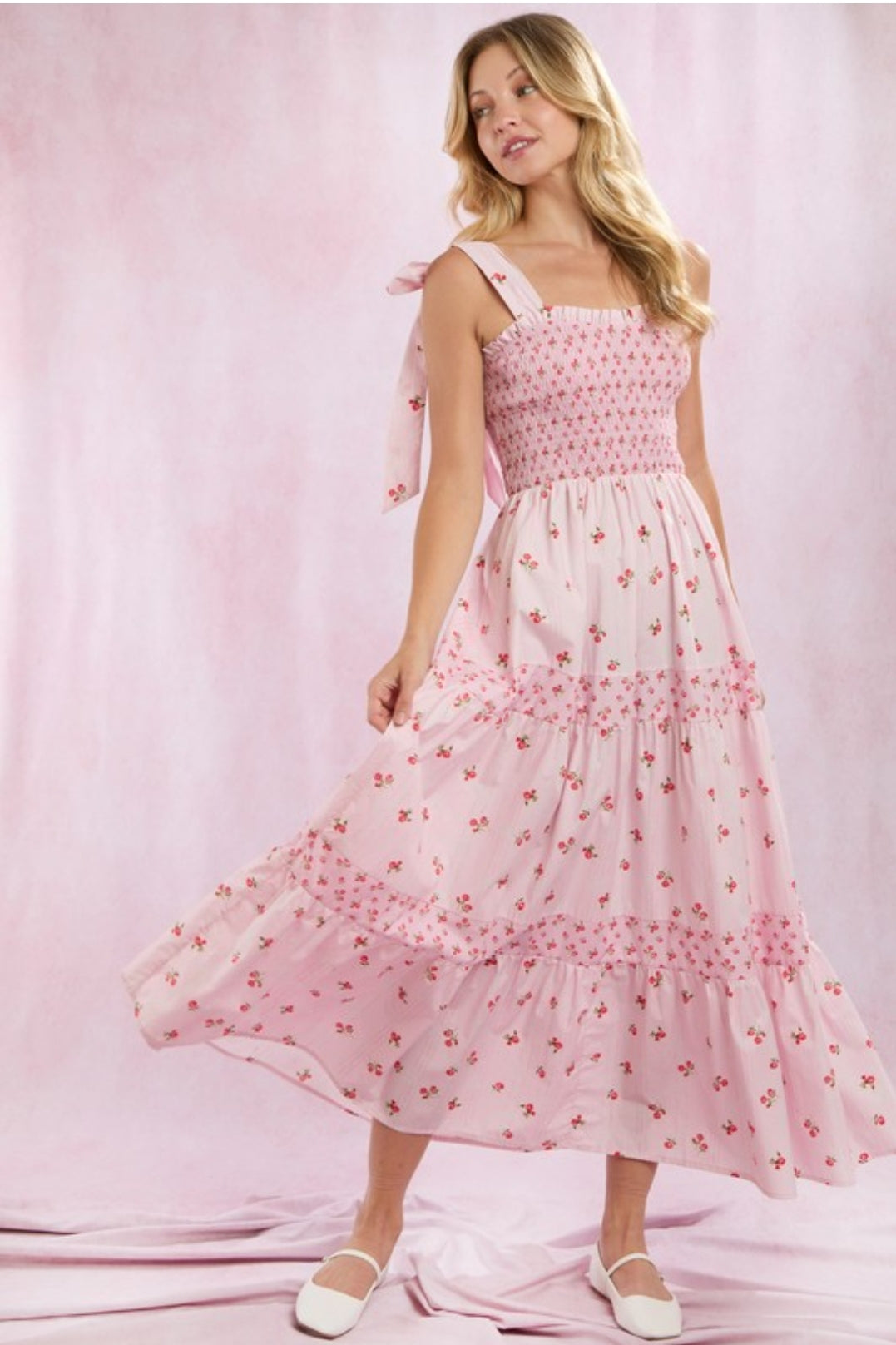 Shoulder Bow Strap Summer Pink Floral Print Long Dress Cute Long Vacation Beach Dress