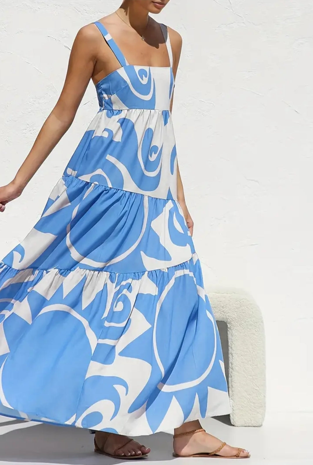 Long White And Blue Summer Vacation Dress