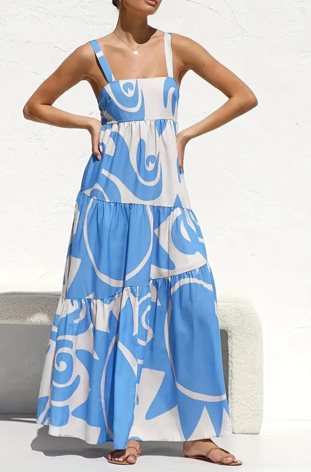 Long White And Blue Summer Vacation Dress