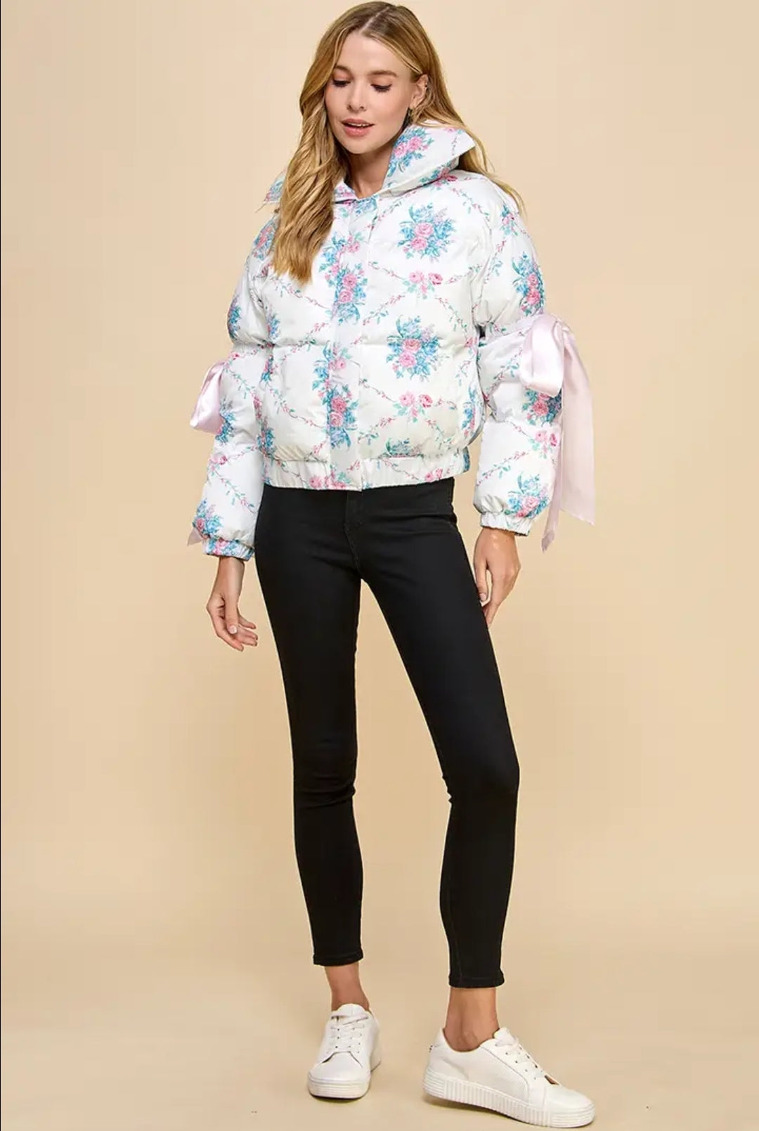 Puffer Pink Jacket With Elbow String Bow Knot Women's Long Sleeve Fitted Winter Black Bow Knot Jacket for Casual Wear